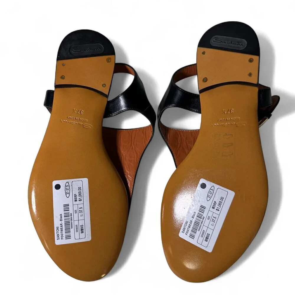 Santoni Women's Toe Strap Sandals In Black w Gold Accents sz EU 37.5 NWOB